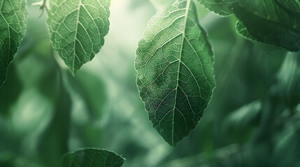 a close-up of green leaves with a blurred section in the center. The leaves are detailed, showing their texture and veins