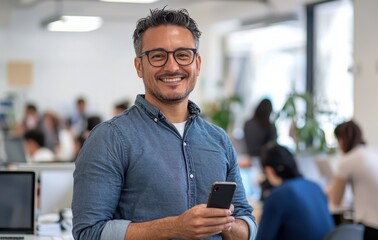 smiling man in casual attire holding smartphone in modern office with blurred colleagues working in 