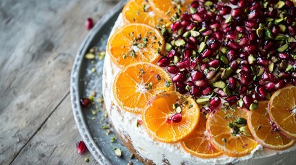 Canvas Print -  Cake decorated with oranges, pomegranates, and pistachios