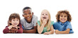 © Beak Joint/peopleimages.com - Happy, portrait and kids with diversity for childhood, youth or development on a white studio background. Young, children or group of kindergarten students lying with smile on floor for break or rest