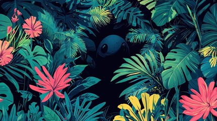 Poster -   A black hole in a green & pink jungle with palm leaves, set against a black backdrop