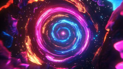 Poster - A mesmerizing cosmic vortex filled with swirling pink, blue, and orange lights creates a captivating visual experience. This stunning display looks as though it leads into the depths of space.