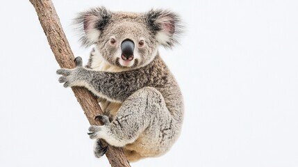 Poster -   A koala sits on a tree branch with its mouth agape and wide-eyed gaze