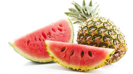 Sticker -   A pineapple and watermelon slice halved on a white background