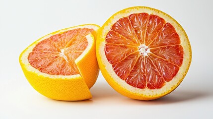 Sticker -   A grapefruit split in two rests atop a white table alongside another halved grapefruit