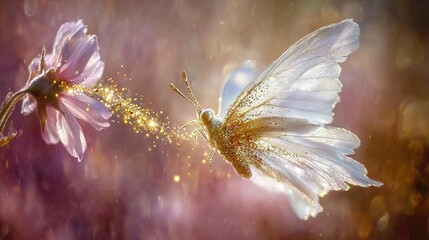 Sticker -   A close-up of a flower with a butterfly at its center surrounded by a blurred flower background