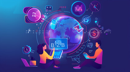 Wall Mural - two people working with electronic devices, one holding a smartphone and the other using a laptop. In the center, there's a glowing globe with the text 