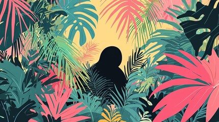 Poster -   A person in the center of a lush jungle, surrounded by swaying palm trees and a vibrant array of greenery in varying shades of pink, green, and yellow