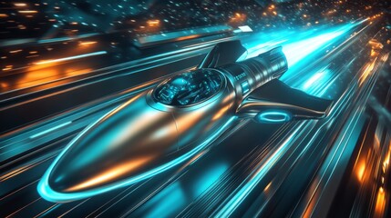 Aufkleber - A sleek, metallic spacecraft hovers over a vibrant, illuminated urban landscape, leaving a bright trail as it accelerates. The night sky is filled with glowing lights and buildings.