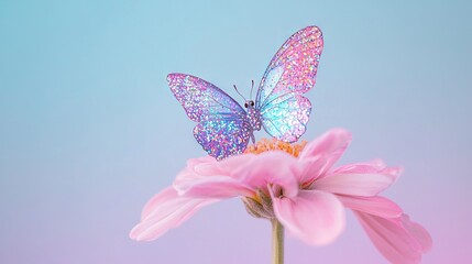 Poster -   A butterfly atop a pink blossom against a blue sky with a pink foreground flower