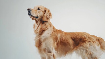 Poster -   A brown and white dog stands in front of a white background with its mouth open, looking upward