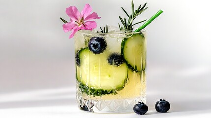 Canvas Print -   A refreshing cocktail featuring cucumbers, blueberries, and fresh rosemary served in a chilled glass with a beautiful bloom adorning the rim