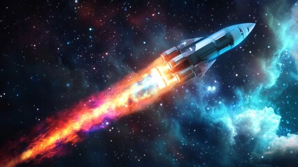 Aufkleber - A rocket propels through a vivid galaxy with swirling colors, its fiery exhaust creating a striking contrast against the cosmic backdrop. Stars twinkle in the distance as it ascends.
