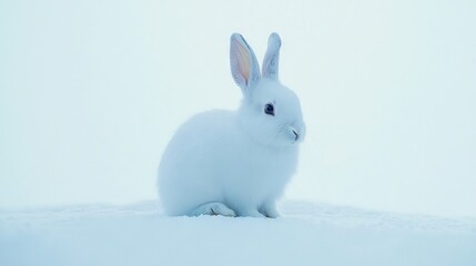 Wall Mural -   A white rabbit sitting in snow, looking at the camera with a sad expression on its face and ears