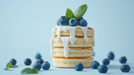 Canvas Print -  A trio of golden pancakes piled high, adorned with juicy blueberries and topped with a delicate drizzle of icing The scene