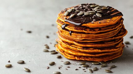 Sticker -   A table with chocolate frosting and sunflower seeds has a stack of pancakes on top, surrounded by pumpkin seeds