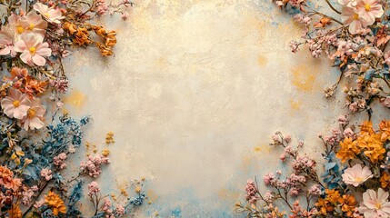 Canvas Print -   A wall adorned with a blue and yellow paint job, featuring an array of vibrant flowers along its edge