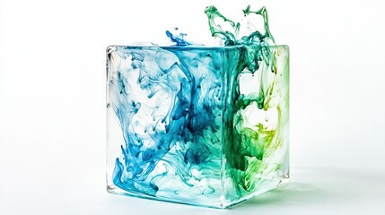 Wall Mural -   A blue, green, and white liquid is contained in a square glass container situated on a white surface with a white background