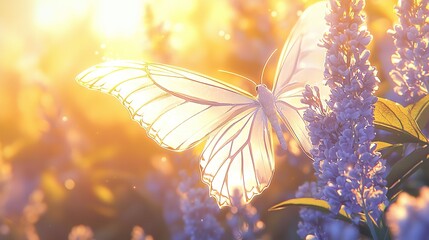 Poster -   A white butterfly sits atop a purple flower as sunlight filters through its wings