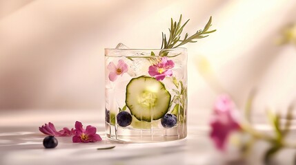 Sticker -   A glass of water with a cucumber and blueberries submerged and flowers floating nearby