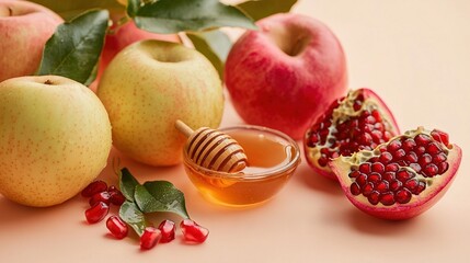 Sticker -   An apple, honey, pomegranate, and a honey dip are positioned on a peach-colored surface