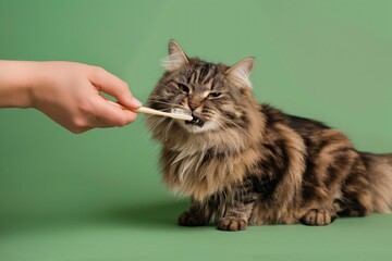 Brown and black cat sits on green surface. Person holds toothbrush in front of cat. Cat eyes focused on toothbrush, person hand visible on left side. Domestic animal receives dental care.