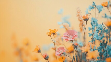 Poster -   A cluster of blooms adjacent to one another against a yellow backdrop, with a blue and yellow mural behind