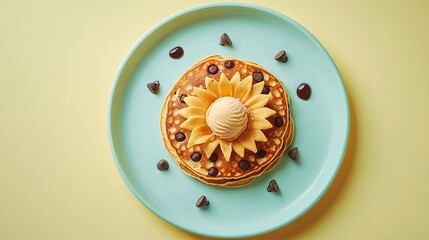 Wall Mural -   A blue plate adorned with chocolate-chip covered pancakes and a sunflower on top