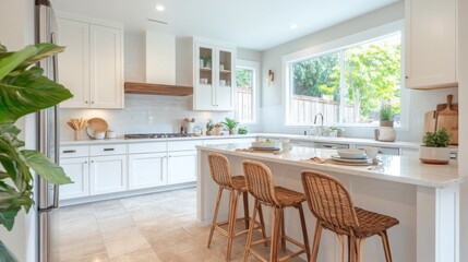 Poster - A contemporary kitchen showcases white cabinetry and a large island with bar stools, illuminated by natural light streaming through a sizable window, creating a warm and inviting atmosphere.