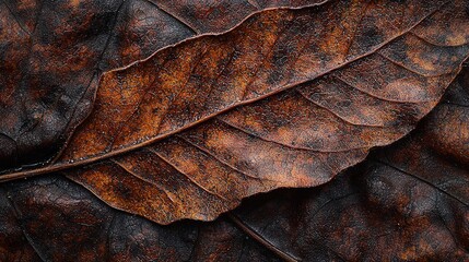 Wall Mural -   Close-up photo of a rusty brown leaf with yellowish-green spots in the shade