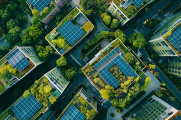 Aerial view sustainable city rooftops showing green spaces eco-friendly design urban infrastructure. AI generated