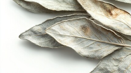 Poster -   A close-up of a leaf on a white surface with two black spots, one in the center of the leaf and one near it