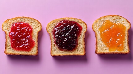 Poster -   Three slices of bread with jam on them on a pink surface with one slice cut in half and the other half eaten