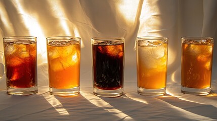 Poster -   A glass row with liquid atop a white-covered tablecloth