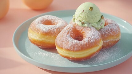 Canvas Print -   A few doughnuts on a platter, topped with scoops of ice cream on one of them