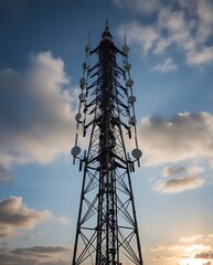 Telecommunication tower cellular. Macro Base Station. 5G radio network telecommunication equipment with radio modules and smart antennas mounted on metal against a clouds sky background (20)