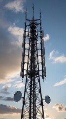 Telecommunication tower cellular. Macro Base Station. 5G radio network telecommunication equipment with radio modules and smart antennas mounted on metal against a clouds sky background (20)