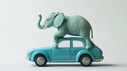 Poster -   A small blue car with an elephant on its head in front of a white wall and background