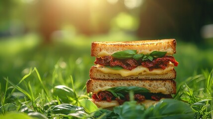 Poster -   A close-up of a sandwich on a grassy field with sunlight illuminating the grass in the background