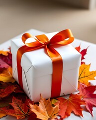 two packages tied with a ribbon and leaves around from fall, (24)