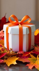 two packages tied with a ribbon and leaves around from fall, (24)