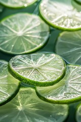 Canvas Print -  Lime slices stacked on green surface with water droplets