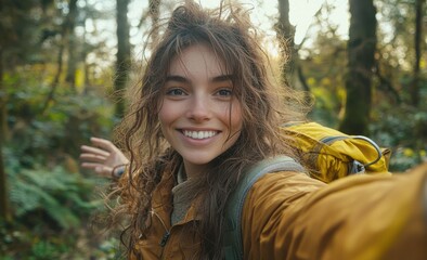 Young woman with long curly hair smiling in the forest, capturing a joyful moment during an outdoor adventure, wearing a yellow jacket and backpack