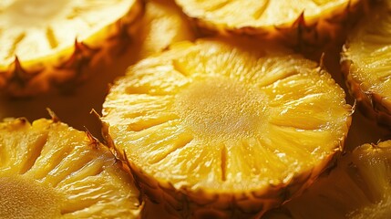 Wall Mural -   A heap of chopped pineapples resting on a wooden table beside another stack of pineapple chunks