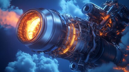 Wall Mural - A rocket engine glows intensely as it ignites, surrounded by swirling clouds