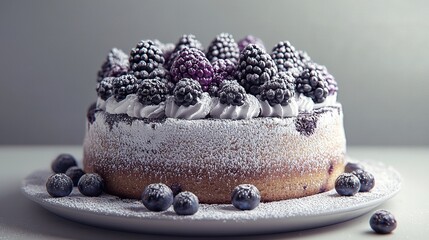 Wall Mural -   A cake dusted with powdered sugar, adorned with fresh berries, and perched on a white platter, surrounded by a halo of fine powdered sugar