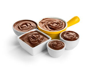 Poster - Bowls of tasty melted chocolate on white background