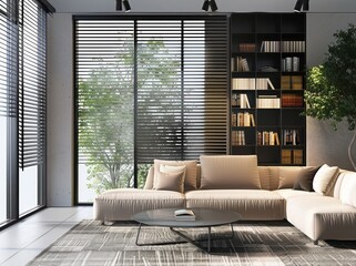 Modern living room with a large sectional sofa, a black coffee table, and a bookshelf filled with books, overlooking a lush green tree through large windows with blinds.