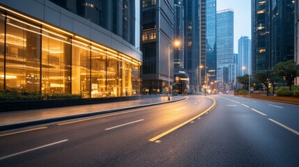 A winding road lined with contemporary high-rise buildings showcases urban sophistication, with evening lights illuminating the sleek glass architecture