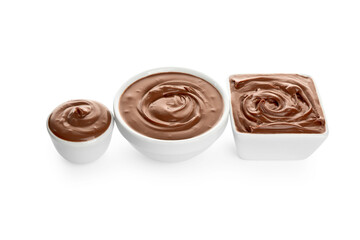 Poster - Different bowls of tasty melted chocolate on white background